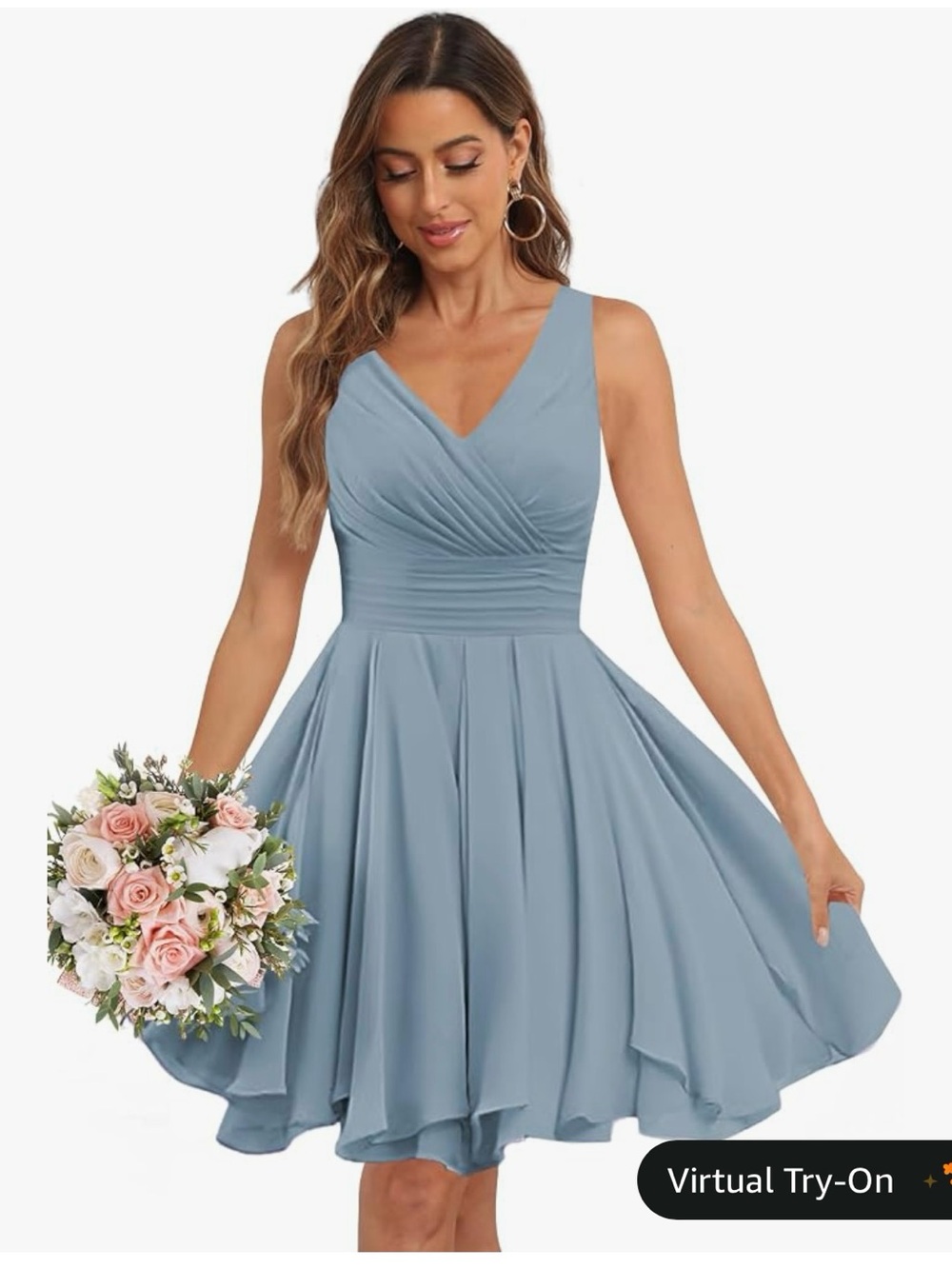 V-Neck Pleated Midi Dress in Light Blue